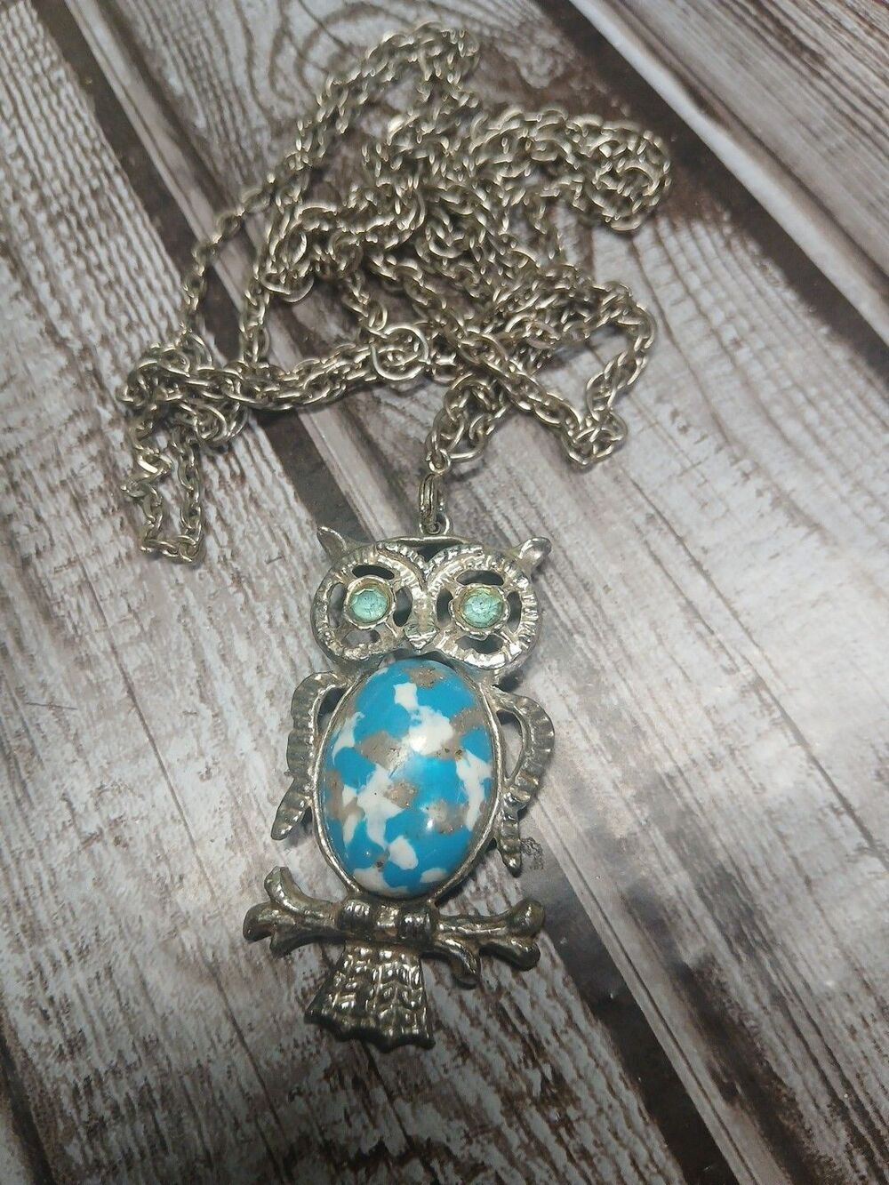 Silver Tone Owl Pendant Necklace Blue Stone Eyes Chain  42 Inches End To End